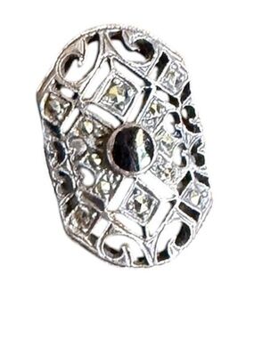Vintage Art Deco Black Onyx and Marcasite Filigree Ring